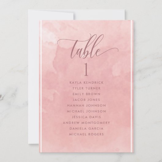Blush Waterverf Seating Plan Kaart met gastnamen (Voorkant)