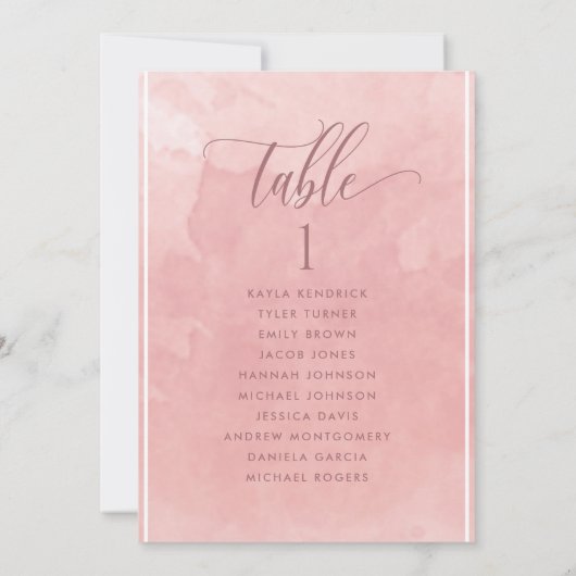 Blush Waterverf Seating Plan Kaart met gastnamen (Achterkant)