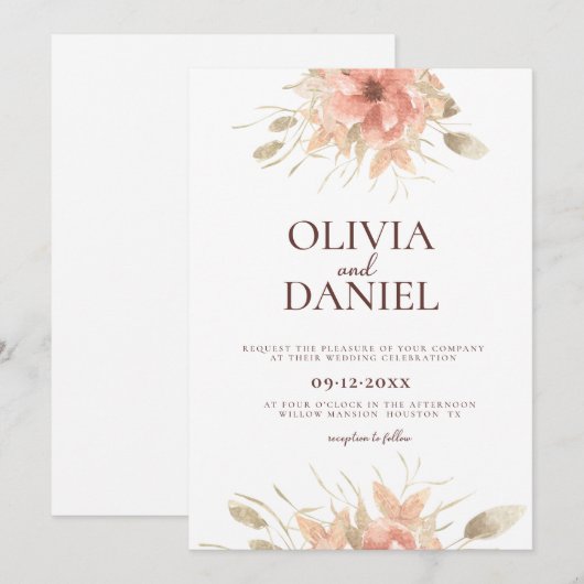 Blush Waterverf Stoffig Roos Floral Wedding Kaart (Voorkant / Achterkant)