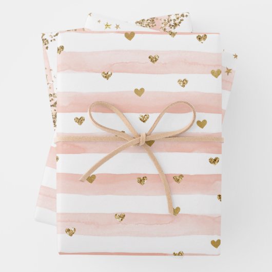 Blush Waterverf Stripes Gold Glitter Hearts Inpakpapier Vel (In situ)