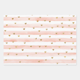 Blush Waterverf Stripes Gold Glitter Hearts Inpakpapier Vel
