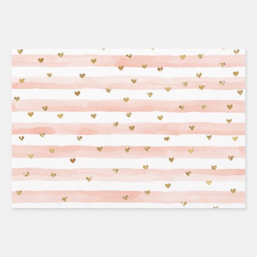 Blush Waterverf Stripes Gold Glitter Hearts Inpakpapier Vel (Voorkant)