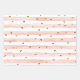 Blush Waterverf Stripes Gold Glitter Hearts Inpakpapier Vel
