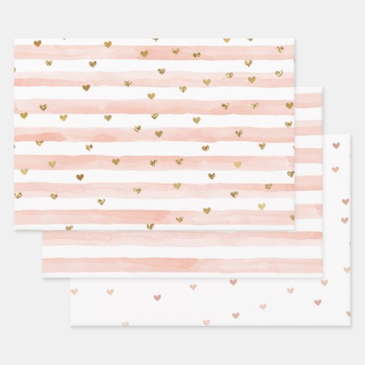 Blush Waterverf Stripes Gold Glitter Hearts Inpakpapier Vel (Set)