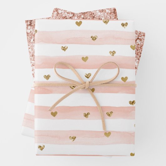Blush Waterverf Stripes Gold Glitter Hearts Inpakpapier Vel (In situ)