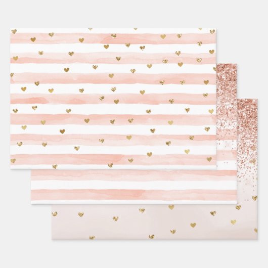 Blush Waterverf Stripes Gold Glitter Hearts Inpakpapier Vel (Set)