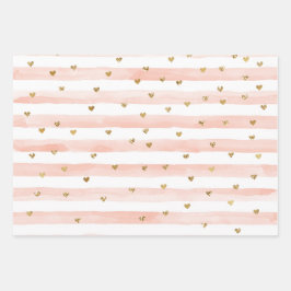 Blush Waterverf Stripes Gold Glitter Hearts Inpakpapier Vel