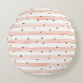 Blush Waterverf Stripes Gold Glitter Hearts Rond Kussen