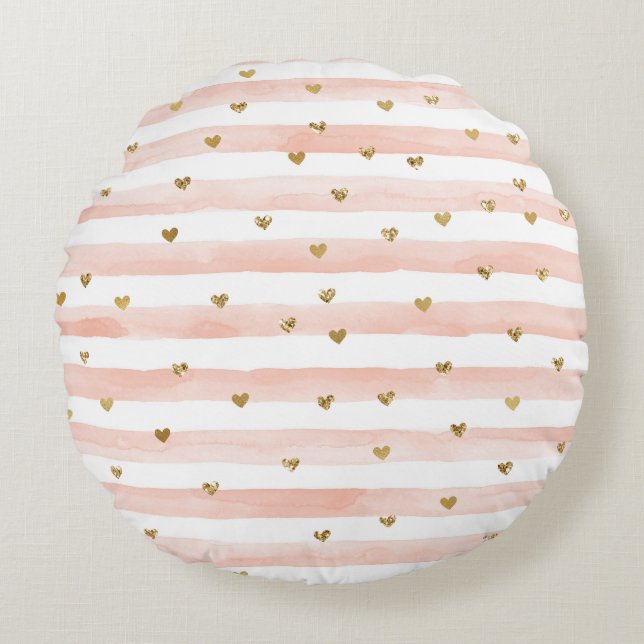Blush Waterverf Stripes Gold Glitter Hearts Rond Kussen (Voorkant)