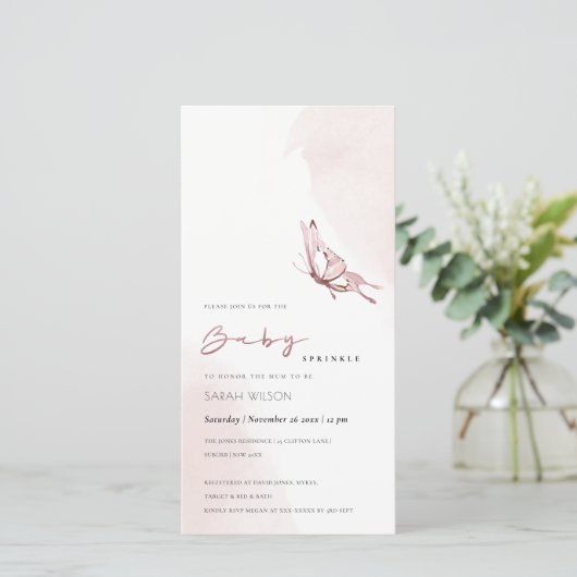 Blush Waterverf Vlinder Baby Sprinkle Invite Bedankkaart (Staand voorkant)