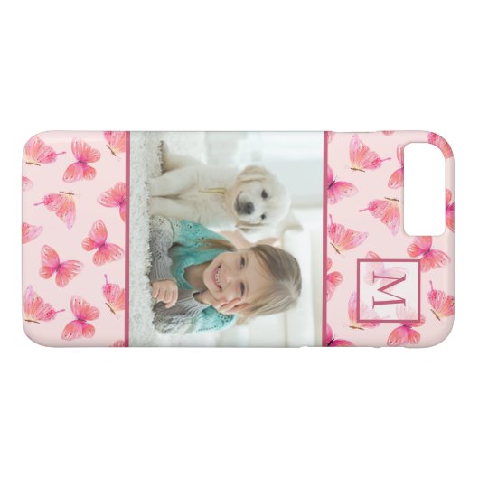 Blush Waterverf vlinder monogram foto Case-Mate iPhone Case (Achterkant (Horizontaal))