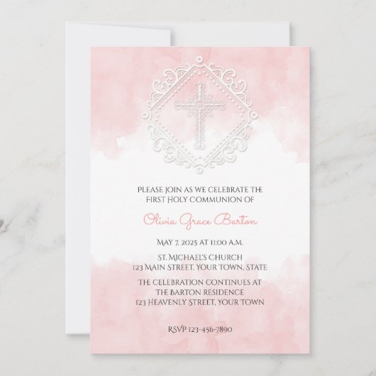 Blush Waterverf White Cross Uitnodiging (Voorkant)