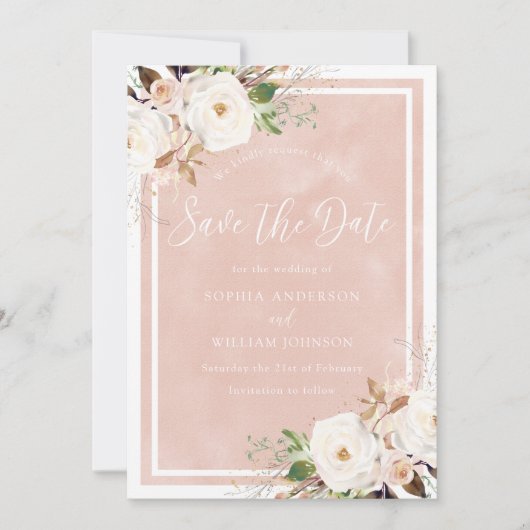 Blush Waterverf White Flowers Beauful Wedding Save The Date (Voorkant)
