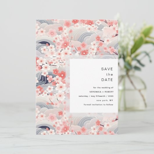 Blush Waves Sakura Blossom Modern Wedding Save The Date (Staand voorkant)