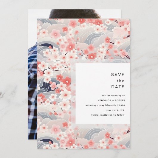 Blush Waves Sakura Blossom Modern Wedding Save The Date (Voorkant / Achterkant)
