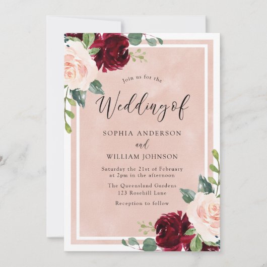 Blush Wedding: Waterverf Burgundy Floral Wedding Kaart (Voorkant)