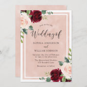 Blush Wedding: Waterverf Burgundy Floral Wedding Kaart (Voorkant / Achterkant)