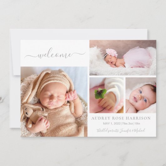 Blush Welkom Baby Girl Foto Collage Birth Aankondiging (Voorkant)