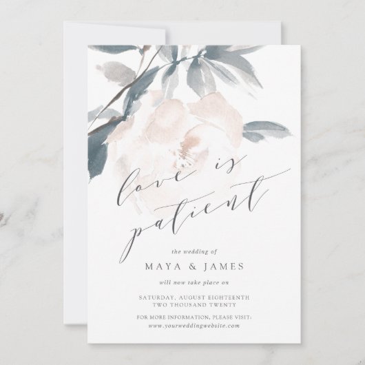 Blush Whisper Love Is Patient Wedding Postponement Aankondiging (Voorkant)