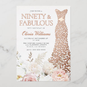 Blush & White 90e verjaardagsfeestje Echt Roos Gou Folie Uitnodiging