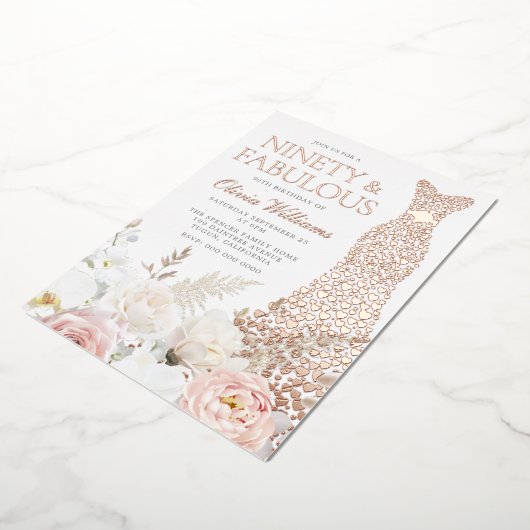 Blush & White 90e verjaardagsfeestje Echt Roos Gou Folie Uitnodiging (Gedraaid)