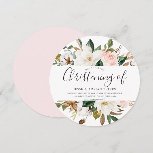 Blush & White Beauful Floral Christening Baptisme Kaart (Voorkant / Achterkant)