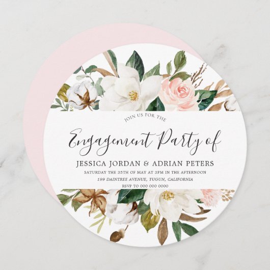 Blush & White Beauful Flowers Engagement Party Kaart (Voorkant / Achterkant)