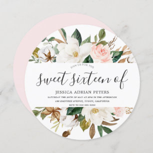 Blush & White Beauful Flowers Sweet 16 Kaart