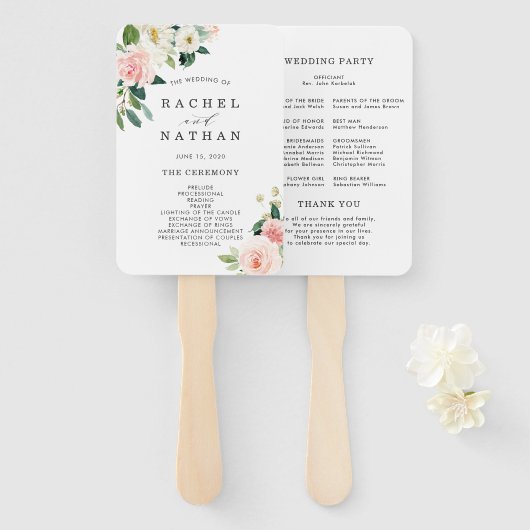 Blush White Bloom Bloemen Bruiloft Programma Handwaaier (Voorkant en achterkant)