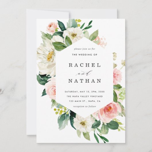 Blush White Bloom Bloemen Bruiloft Uitnodiging (Voorkant)