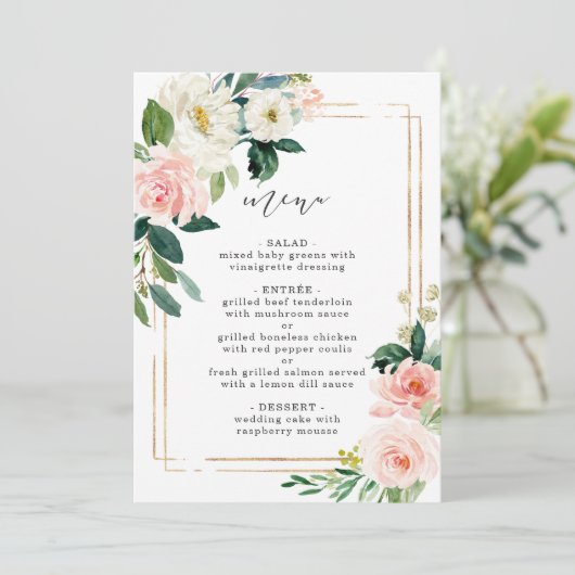 Blush White Bloom Elegant Floral Wedding Menu (Staand voorkant)