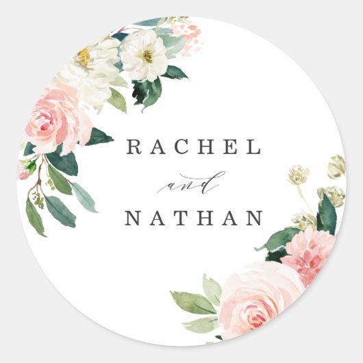 Blush White Bloom Floral gepersonaliseerd Ronde Sticker (Voorkant)