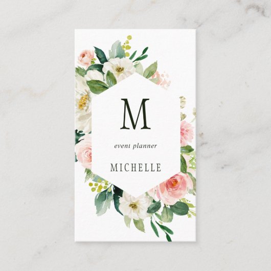 Blush White Bloom Floral Monogram Visitekaartje (Voorkant)