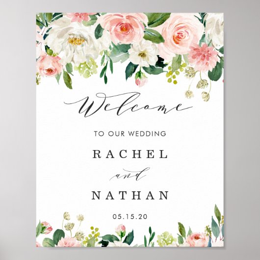 Blush White Bloom Floral Weddenschap Welkom Poster (Voorkant)