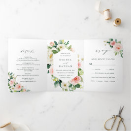 Blush White Bloom Floral Wedding Drieluik Uitnodiging