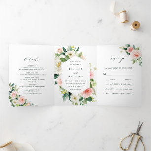 Blush White Bloom Floral Wedding Drieluik Uitnodiging