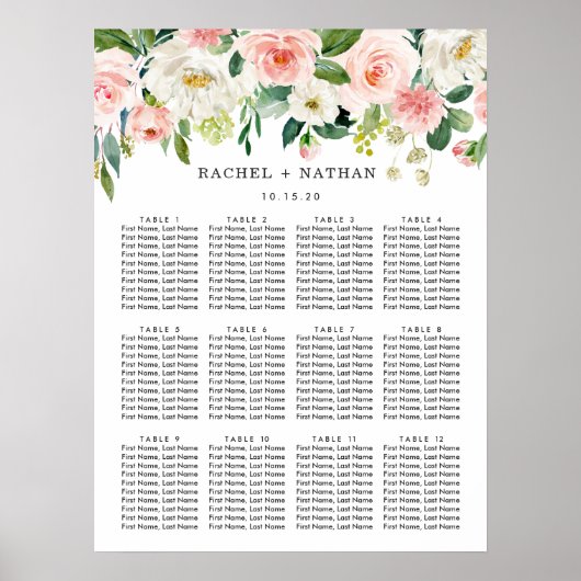 Blush White Bloom Floral Wedding Seating Chart Poster (Voorkant)