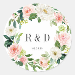 Blush White Bloom Floral Wreath Monogram Ronde Sticker