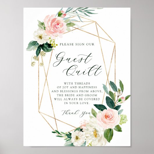 Blush White Bloom Gold Geometric lijst Guest Quilt Poster (Voorkant)