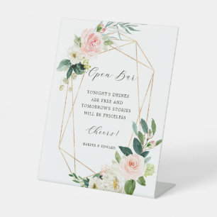Blush White Bloom Gold Geometric Lijst Open Bar Reclamebord Met Voetstuk
