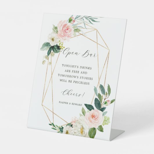 Blush White Bloom Gold Geometric Lijst Open Bar Reclamebord Met Voetstuk (Voorkant)