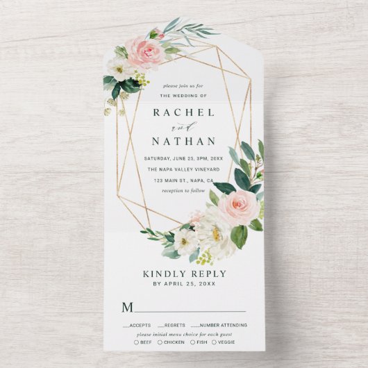 Blush White Bloom Gold Geometric Lijst Weddenschap All In One Uitnodiging (Binnen)