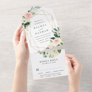 Blush White Bloom Gold Geometric Lijst Weddenschap All In One Uitnodiging