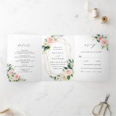 Blush White Bloom Gold Geometric Lijst Weddenschap Drieluik Uitnodiging (Binnen)