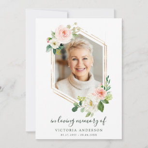 Blush White Bloom Gold Hexagon Funeral Bedankkaart