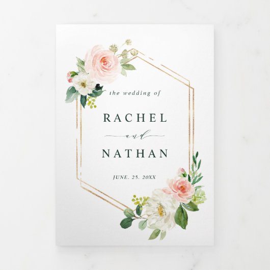 Blush White Bloom Gold Hexagon Lijst Weddenschap Drieluik Uitnodiging (Cover)
