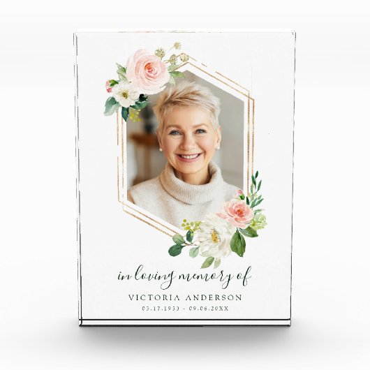 Blush White Bloom Gold Hexagon Memorial Fotoblokken (Voorkant)