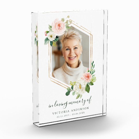 Blush White Bloom Gold Hexagon Memorial Fotoblokken (Links)