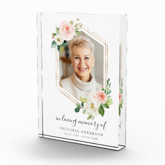 Blush White Bloom Gold Hexagon Memorial Fotoblokken (Rechts)