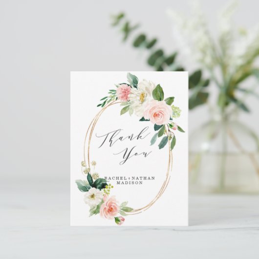 Blush White Bloom Gold Lijst bruiloft dank u Briefkaart (Staand voorkant)